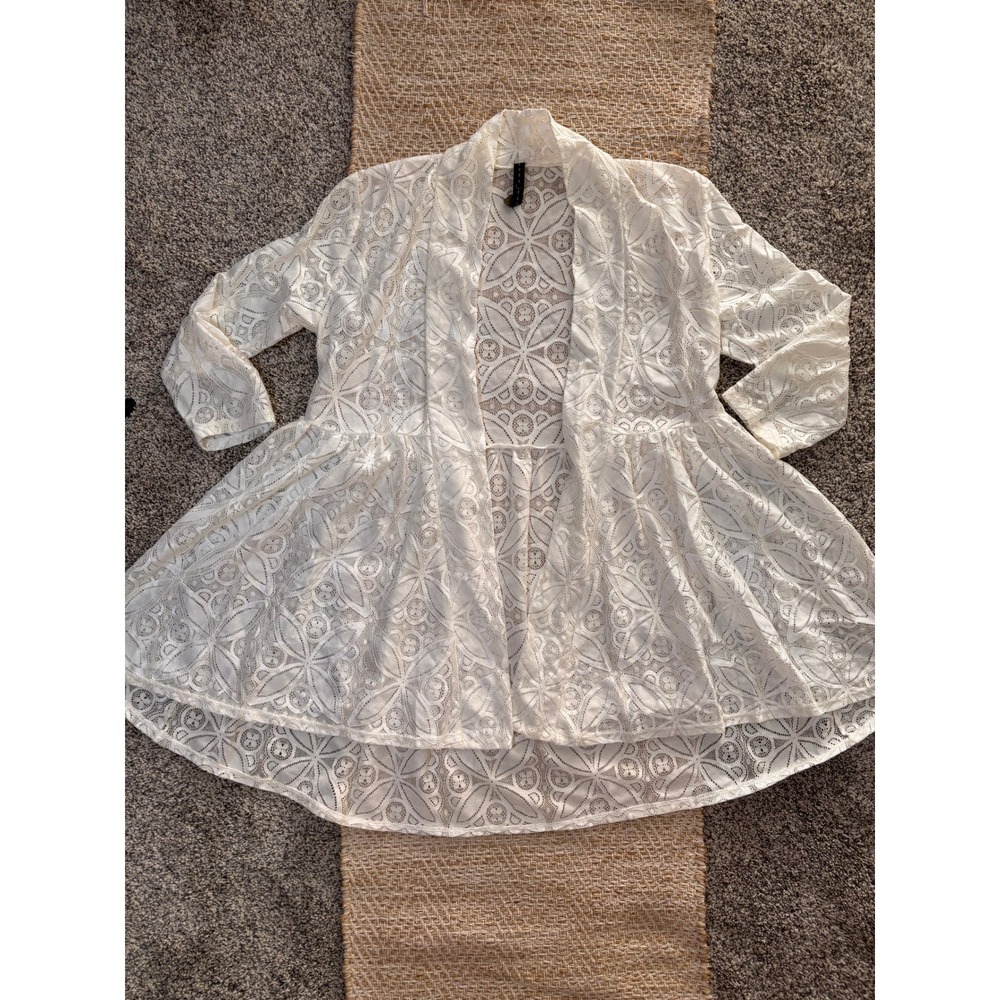 Luna Rae Lace Cardigan Women Medium White Excellent Peplum High Low Open Front‎
